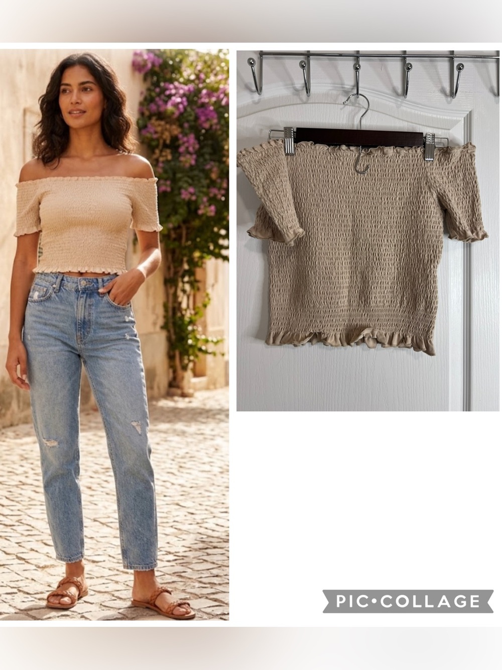 H&M Smocked Off-Shoulder Crop Top Beige size L